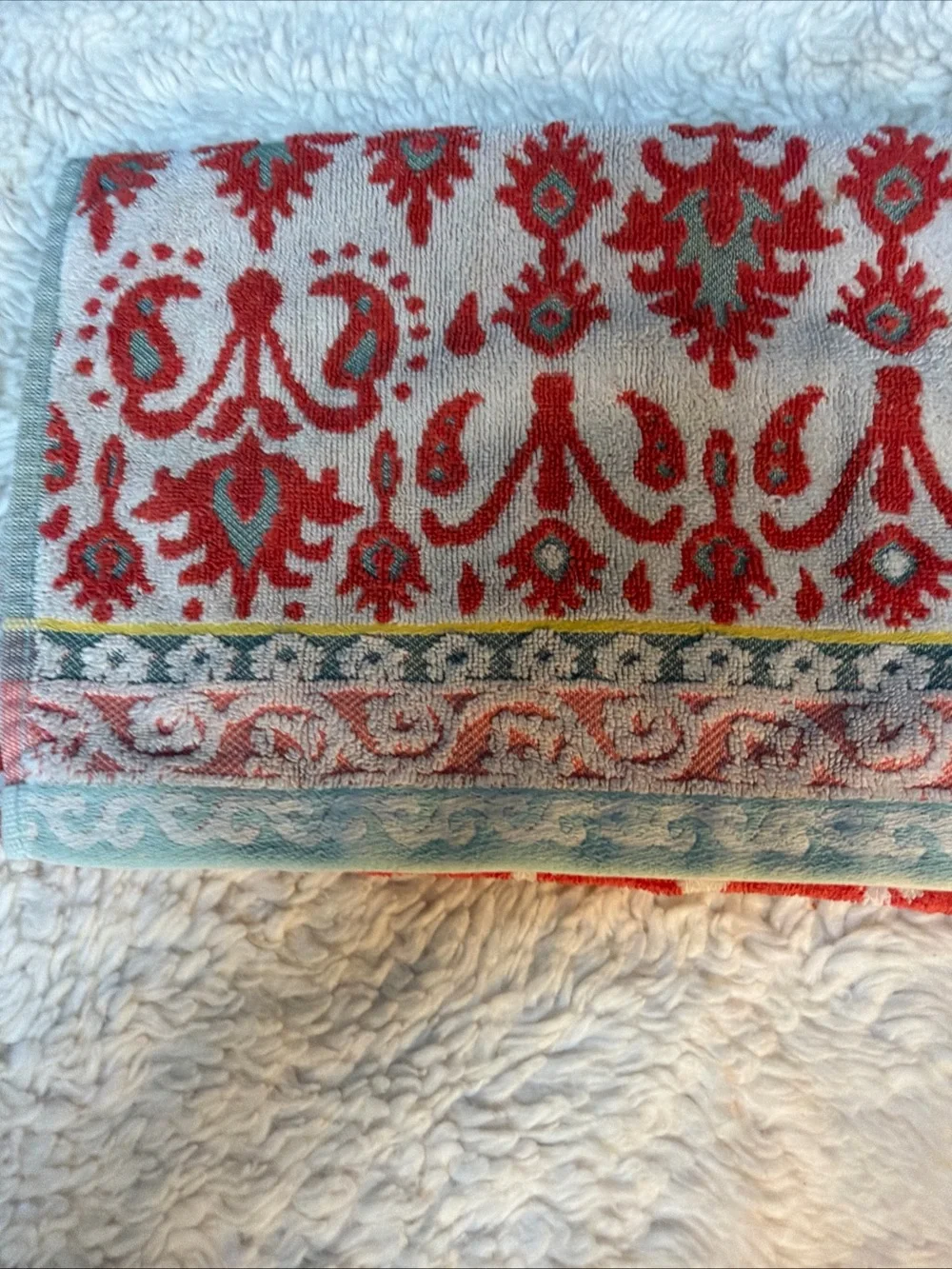 World Market Coral Teal yellow  Damask Pattern kitchen Towel
